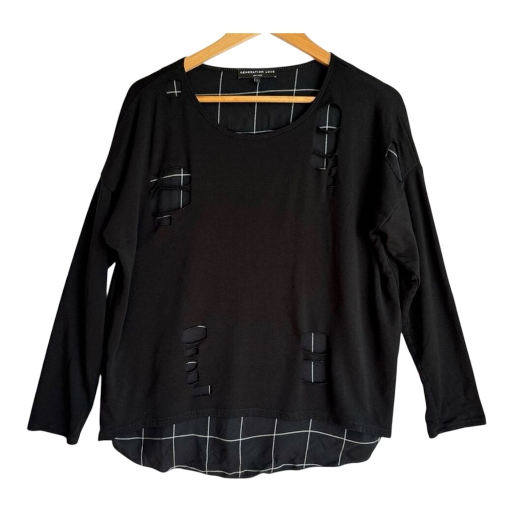 Generation Love x Revolve Destroyed Pullover Layered Top Black Plaid Grunge M - Picture 3 of 8
